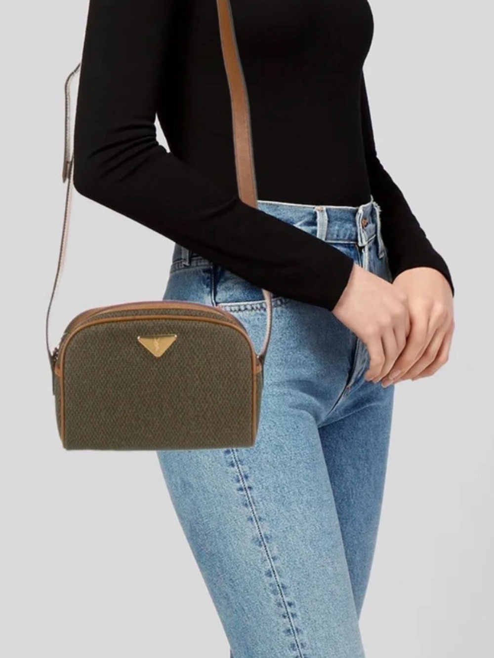 Vintage Yves Saint Laurent Canvas Crossbody Bag Leather Trim-MADE IN FRANCE - Picture 1 of 16